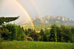 Double rainbow over Zahmer Kaiser mountain, Kaiserwinkl, Tyrol, Austria, Europe
