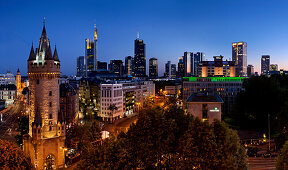 View of downtown skyscrapers and the Eschenheimer Tor by night, Frankfurt, Hesse, Germany