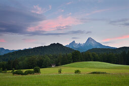 View to Watzmann in the evening light, Berchtesgaden region, Berchtesgaden National Park, Upper Bavaria, Germany