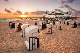 Beach chairs in front of Ahlbeck pier, Ahlbeck, Usedom island, Baltic Sea, Mecklenburg Western-Pomerania, Germany