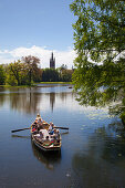 Boat trip on the lake, view to St Petri church, Woerlitz, UNESCO world heritage Garden Kingdom of Dessau-Woerlitz, Saxony-Anhalt, Germany