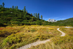 Weg schlängelt sich über eine Hochebene, Watzmann im Hintergrund, Nationalpark Berchtesgaden, Berchtesgadener Alpen, Oberbayern, Bayern, Deutschland