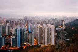 Cityscape with high-rise buildings in sunset, Hong Kong, China