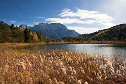 View over lake Luttensee to the Karwendel mountains, near Mittenwald, Bavaria, Germany