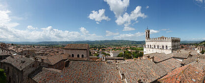 View from terrace of Palazzo Ducale to Palazzo dei Consoli town hall, and the historic center of Gubbio, St. Francis of Assisi, Via Francigena di San Francesco, St. Francis Way, Gubbio, province of Perugia, Umbria, Italy, Europa