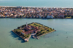 Aerial view of the Island of San Lazzaro, Lido, Mediterranian Sea, Venice, Veneto, Italy