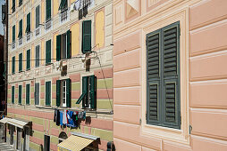 Fascade with real and painted windows, Camogli, province of Genua, Italian Riviera, Liguria, Italia