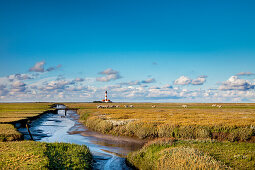 Westerhever Lighthouse, Eiderstedt peninsula, North Sea coast, Northern Frisia, Schleswig-Holstein, Germany
