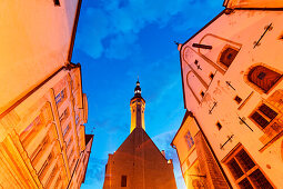 Narrow Viru street with the tower of the town hall in the historic old town of Tallinn, Estonia, Baltic States