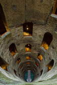 view downwards, Pozzo di San Patrizio, well, shaft, water supply from the 16th century, architecture, double helix ramps, staircase, bridge, water, Orvieto, hilltop town, province of Terni, Umbria, Italy, Europe