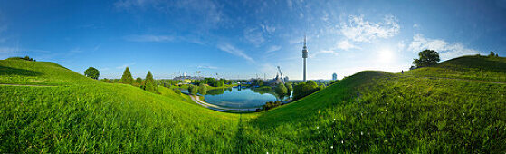 Olympia park with Olympia tower and BMW building, Munich, Upper Bavaria, Bavaria, Germany