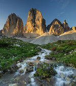 Tre Cime Di Lavaredo, north faces with stream, Alp, South Tyrol, Dolomites, Italy