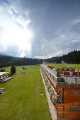 View over a hotel complex with bath, Klais, Krun, Upper Bavaria, Germany