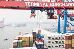 Beladen und Entladen des Containerschiffes CMA CGM Marco Polo im Container Terminal Burchardkai in Hamburg, Deutschland