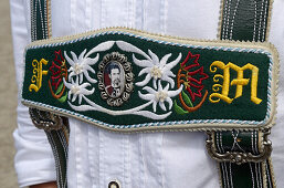 Part of a Bavarian lederhosen suspenders, Chiemsee, Chiemgau, Upper Bavaria, Germany