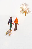 Couple pulling toboggan in snow