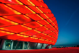 Allianz Arena at night with red light, football stadium of FC Bayern München, Munich, Bavaria, Germany, Architects Herzog and De Meuron