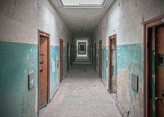 Corridor with prison cells at the concentration camp memorial Dachau, Upper Bavaria, Bavaria, Germany