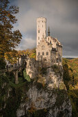 View of Lichtenstein castle in autumn, Swabian Alp, Baden-Wuerttemberg, Germany