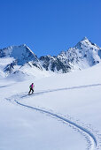 Frau auf Skitour steigt zum Eiskögele auf, Hochfirst und Kirchenkogel im Hintergrund, Obergurgl, Ötztaler Alpen, Tirol, Österreich