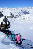 Two female back-country skiers ascending to Eiskoegele, Obergurgl, Oetztal Alps, Tyrol, Austria