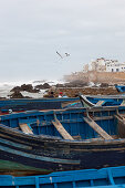 Fishing boats in the harbour of Essaouira with view of the city, Essaouira, Morocco