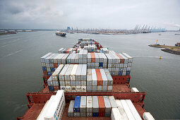 Container ship arriving harbor, Rotterdam, South Holland, Netherlands