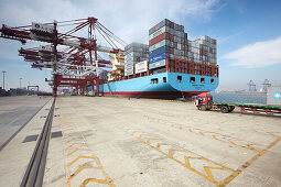 Container ship in harbor, Port of Tianjin, Tianjin, China