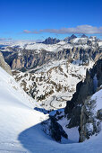 Narrow couloir in Val Culea, Geisler Group in background, Sella Group, Dolomites, South Tyrol, Italy