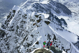 Three persons ascending to Grossglockner, Kleinglockner in background, Glockner Group, Hohe Tauern National Park, East Tyrol, Tyrol, Austria
