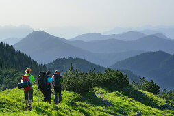 Drei Wanderer, Kaisergebirge und Rofan im Hintergrund, Blauberge, Bayerische Voralpen, Oberbayern, Bayern, Deutschland