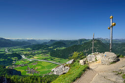 Summit crosses on Kranzhorn with view over Inn valley, Chiemgau Alps, Tyrol, Austria