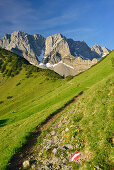 Marked hiking trail to Lamsenspitze, Schafkarspitze and Hochglueck, Karwendel, Tyrol, Austria