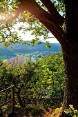 View from the Hagenstein viewpoint across the Eder valley towards Kirchlotheim in Kellerwald-Edersee National Park, Schmittlotheim, Hesse, Germany, Europe