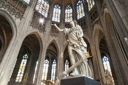 statue by Jacques du Broeucq (16th ct.), interior view of abbey church Saint Waltrude, Sainte-Waudru, Mons, Hennegau, Wallonie, Belgium, Europe