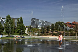 Water fountains in a park on the Rio Manzanares, Madrid, Spain
