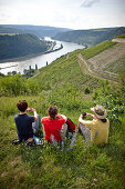 Hikers enjoying view over Rhine Gorge, Sankt Goarshausen, Rhineland-Palatinate, Germany