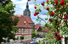 Timber frame houses and church in Koenigsberg, Hassberge, Lower Franconia, Bavaria, Germany