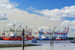 Container ships at container terminal Waltershof on the river Elbe, Waltershof, Hamburg, Germany