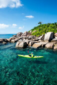 Sea kayak tour with catamaran as basecamp on the Seychelles, Indian Ocean
