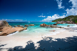 Sandy beach on the Seychelles, Sea kayak tour with catamaran as basecamp on the Seychelles, Indian Ocean