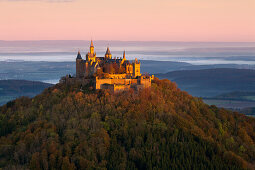 View to Hohenzollern castle, near Hechingen, Swabian Alb, Baden-Wuerttemberg, Germany