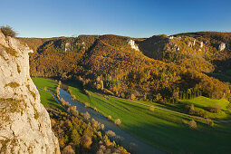 Eichsfelsen, view over the Danube river to Wildenstein castle, Upper Danube Nature Park, Baden- Wuerttemberg, Germany