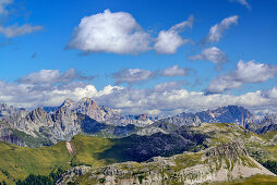 View to Tofana and Monte Cristallo, Trans-Lagorai, Lagorai range, Dolomites, UNESCO World Heritage Site Dolomites, Trentino, Italy