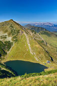 Wildseeloder, lake Wildsee and Kaiser range, view from Henne, Kitzbuehel range, Tyrol, Austria