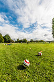 Two balls in grass, soccer players in background, Hamburg, Germany