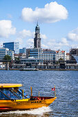 View over Elbe river to church St. Michael, Hamburg, Germany