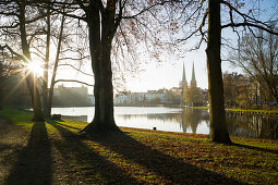 Cityscape with Lubeck Cathedral in background, Wallanlagen, Lubeck, Schleswig-Holstein, Germany