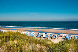 Beach chairs and dunes, Sylt Island, North Frisian Islands, Schleswig-Holstein, Germany