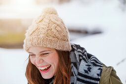 Laughing young woman, Spitzingsee, Upper Bavaria, Germany